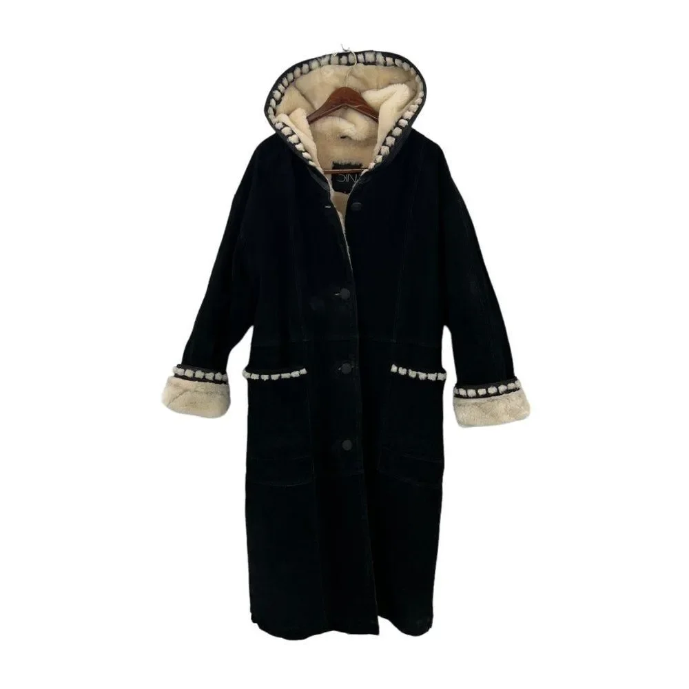 Vintage Sin by Morgan Cooper Black Suede Faux Fur Hooded Trench Coat Jacket L - Picture 3 of 16